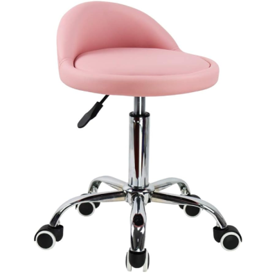 Cadeira de escritório rosa estofada com base metálica cromada com rodas
