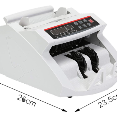 Máquina branca para contar dinheiro com painéis e visor LED em fundo branco