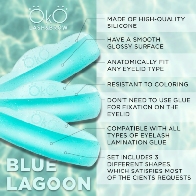 Três ferramentas azuis brilhantes para pestanas Ökô Lash&Brow sobre fundo azul água