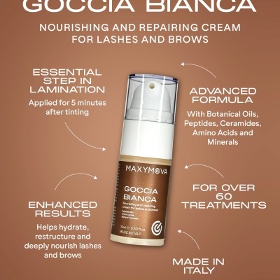 Embalagem de creme para pestanas GOCCIA BIANCA com texto explicativo