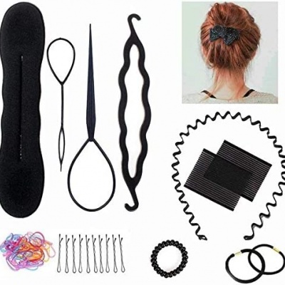 Conjunto de acessórios para cabelo preto, elásticos e presilhas coloridas