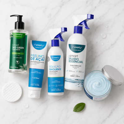 Produtos de cuidados de pele smartgr, sabonete, creme esfoliante, solução e fluido purificante em fundo branco