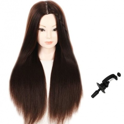 Cabeça de manequim com cabelo castanho escuro liso e suporte preto