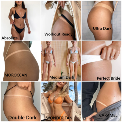 Vários tons de pele bronzeada com linhas de bronzeado e diferentes biquínis em fundo neutro e exterior