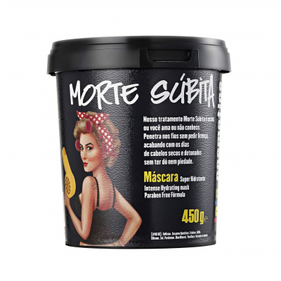 Pote preto de máscara hidratante para cabelo 450g com imagem de mulher e texto em português