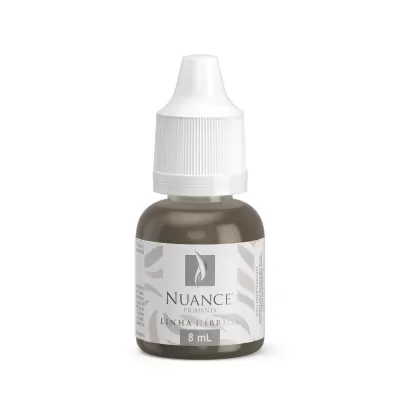 Frasco pequeno de pigmento Nuance, tampa branca, cor castanha, 8 mL.
