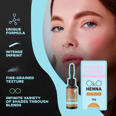 Frasco e embalagem OKO Henna com texto promocional e rosto de mulher