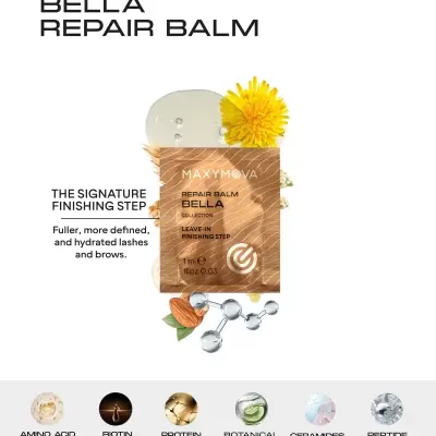 Embalagem castanha do produto Bella Repair Balm com flor amarela e elementos gráficos de ingredientes