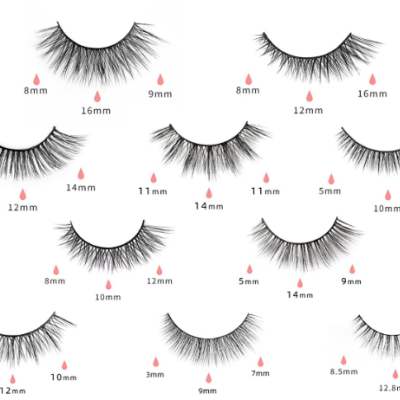 Conjunto de pestanas artificiais pretas com medidas em milímetros e ícones de gotas de água