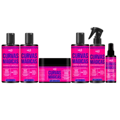 Produtos para cabelo Curvas Mágicas da UKI em embalagens rosa e preto