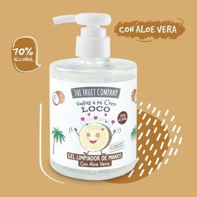 Frasco de gel limpador de mãos com desenho de coco e texto sobre aloe vera e álcool 70%