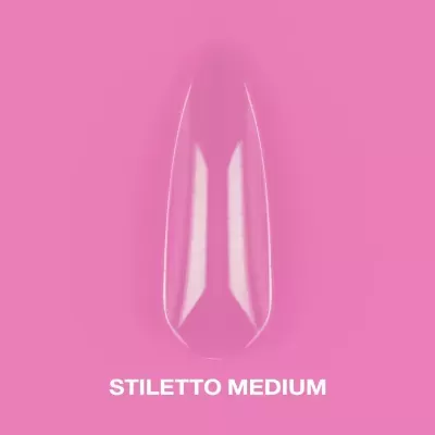 Unha postiça transparente em formato stiletto médio sobre fundo rosa com texto