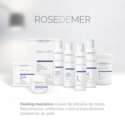 Produtos de peeling mecânico Christina ROSEDEMER em embalagens brancas com texto azul e preto