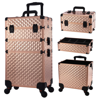 Conjunto de malas de maquilhagem bronze com padrão geométrico e rodízios