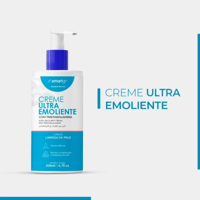 Frasco branco com tampa de bomba azul e rótulo azul e branco de creme ultra emoliente