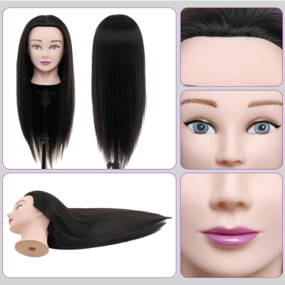 Cabeça manequim com cabelo comprido preto liso e rosto detalhado
