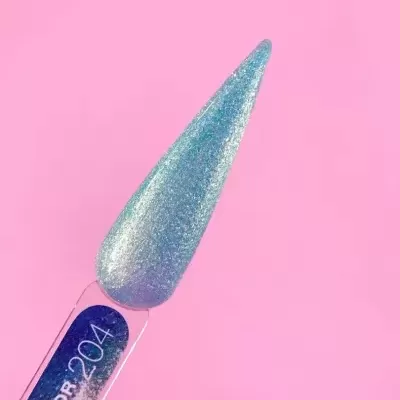 Amostra de verniz de unhas azul glitter com rótulo COLOR 204