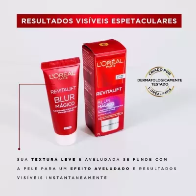 Creme Revitalift Blur Mágico da L'Oréal Paris em tubo e caixa vermelhos, selo dermatologicamente testado