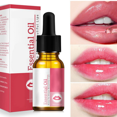 Frasco de óleo essencial para lábios com embalagem e imagens de aplicação nos lábios