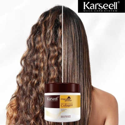 Produto Karseell Maca Power Collagen com cabelo encaracolado e liso dividido ao meio