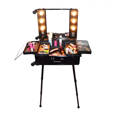 Mala de maquilhagem preta com luzes e maquiagem