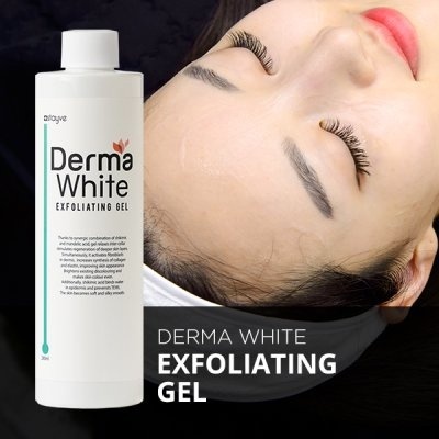 Frasco branco de gel esfoliante Derma White e rosto de mulher com olhos fechados