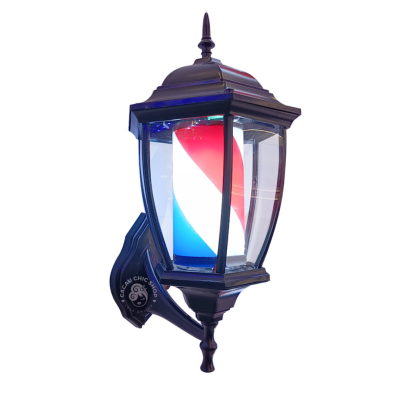 Lanterna de parede de barbeiro com faixas azul, branco e vermelho