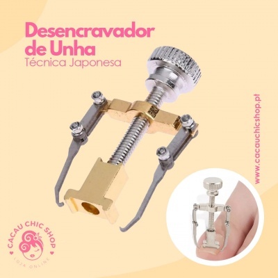 Desencravador de unha metálico prateado e dourado com texto promocional em fundo cor de pêssego