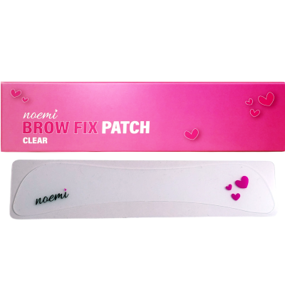 Embalagem rosa de patch para sobrancelhas com texto e design de corações pequenos.