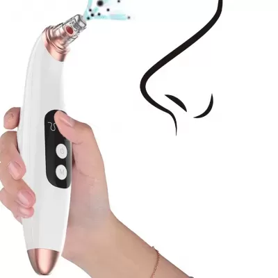 Dispositivo branco e rosa para limpeza do nariz com jato azul, segurado por mão, com botões e desenho de nariz