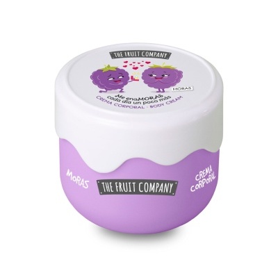Frasco roxo de creme corporal com tampa branca e ilustração de amoras