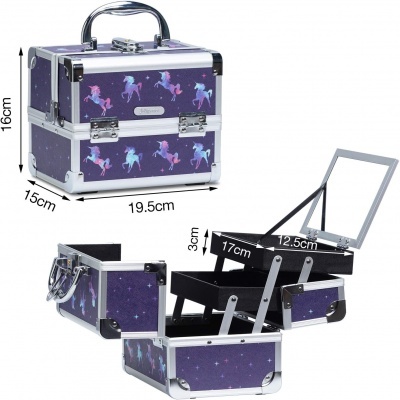 Estojo de maquilhagem roxo com unicórnios coloridos e alça metálica