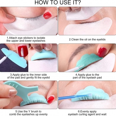 Passos para aplicar cola e modelar pestanas com adesivos brancos e ferramentas azuis