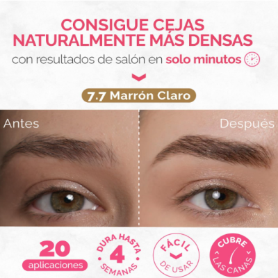 Antes e depois de sobrancelhas com cor 7.7 Marrón Claro e texto promocional