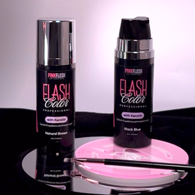 Frascos de tintura para pestanas e sobrancelhas Flash Color em tons Natural Brown e Black Blue com paleta e pincel.