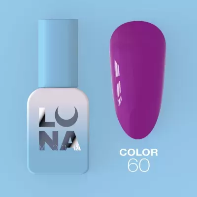 Frasco de verniz para unhas azul claro com amostra de cor roxa e texto COLOR 60