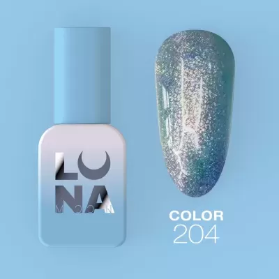 Frasco de verniz de unhas azul claro com texto 'LUNA' e amostra de verniz cor 204