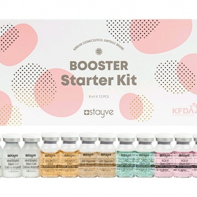 Kit Booster Starter Kit da Stayve com 12 frascos coloridos numa caixa branca com padrões de círculos cor-de-rosa
