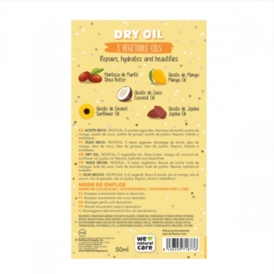 Etiqueta amarela de óleo seco com cinco óleos vegetais e instruções de uso