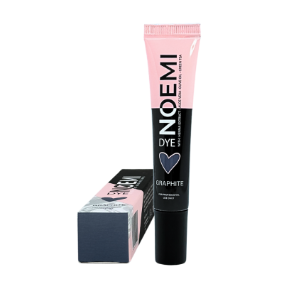 Tubo e caixa de tintura NUMÉMI DYE cor GRAPHITE em tons rosa e preto.