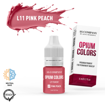 Pigmento labial permanente AS COMPANY Opium Colors tom Pink Peach em frasco e embalagem