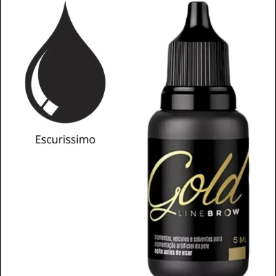 Frasco de pigmento Gold Line Brow preto de 5 ml com texto Escuríssimo ao lado