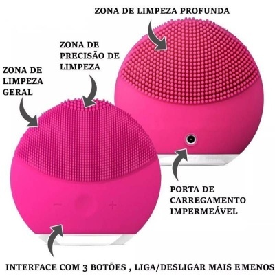 Dois dispositivos rosa de limpeza facial com cerdas de silicone e etiquetas de zonas de limpeza.