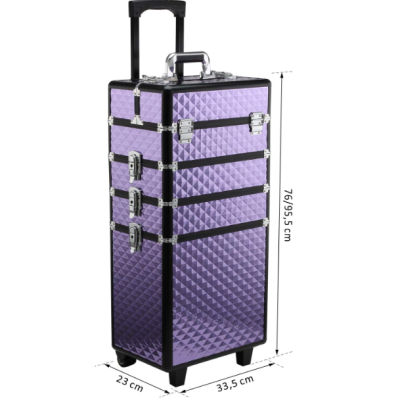 Mala de transporte roxa com padrão geométrico e alça extensível