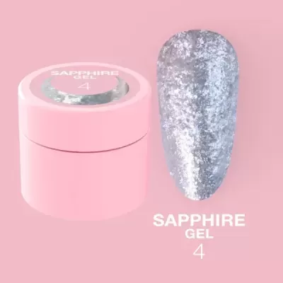 Frasco cor-de-rosa de gel para unhas com texto 'SAPPHIRE GEL 4' e unha artificial prateada