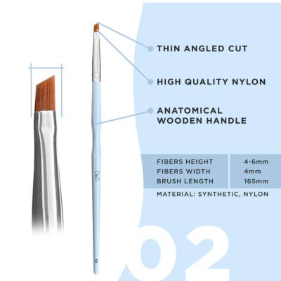 Pincel de desenho azul claro com corte angulado e texto explicativo das características