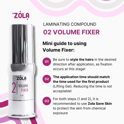 Frasco do produto Zola 2 Volume Fixer com texto instruções sobre uso e proteção da pele