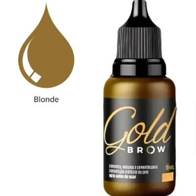 Frasco pequeno de cosmético dourado com tampa preta e rótulo preto GOLD BROW e amostra de cor Blonde.