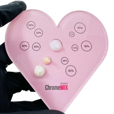 Paleta coração rosa para mistura de cosméticos com percentagens e texto ChromeMIX