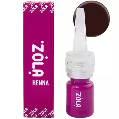 Frasco pequeno de henna cor-de-rosa com tampa e embalagem com texto ZOLA HENNA